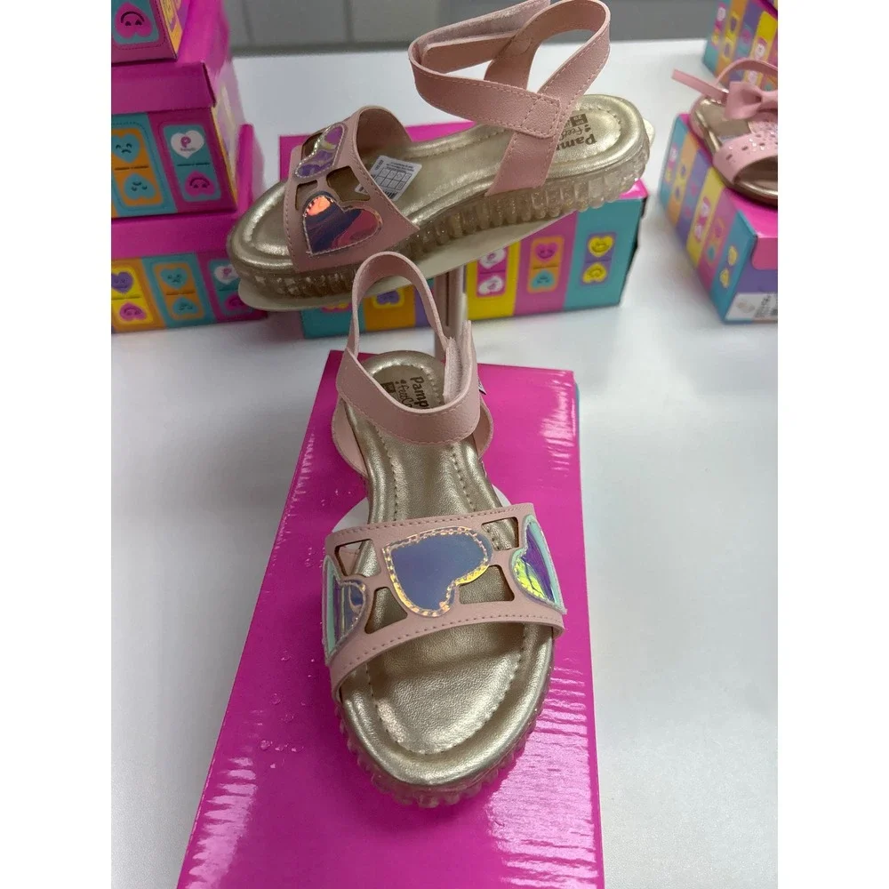 Pampili Girls Pink Holographic Heart Strappy Sandals Gold Footbed Size 12.5 US